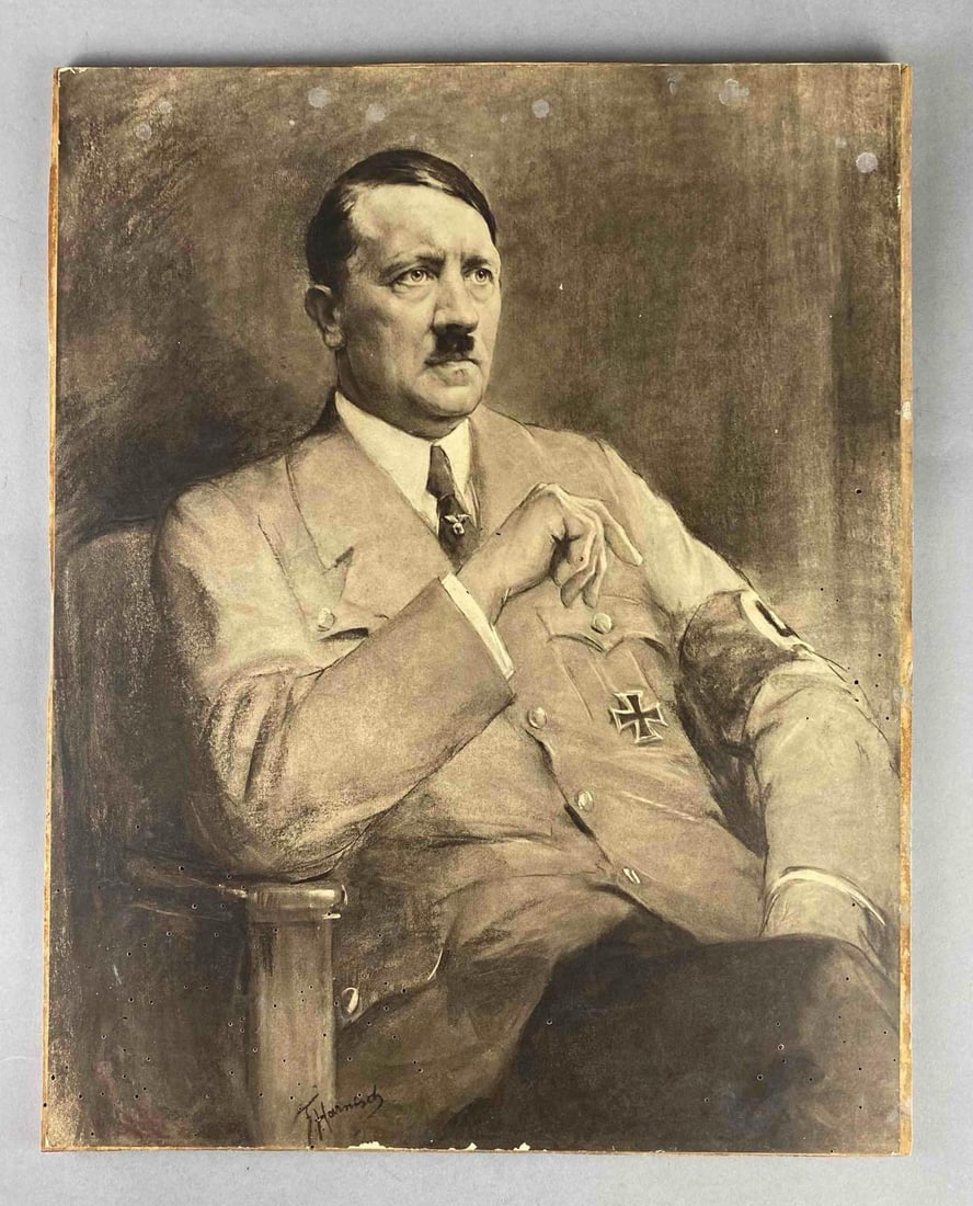WW2 German Adolf Hitler Fuhrer Sketch Print: By Artist Friedrich Harnisch. Fixed to wood frame. Measures L 20 x W 16 inches. Large amount of termite holes are present. Tag on back partly torn.