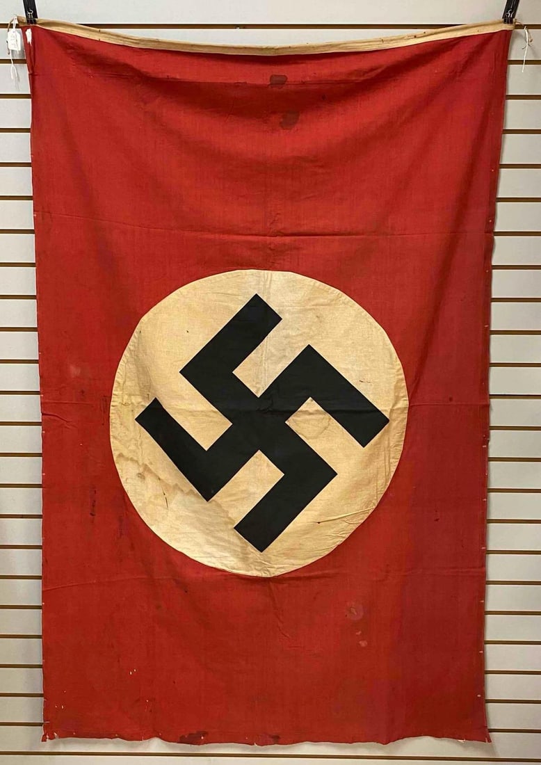 WW2 German Large NSDAP Double Sided Flag: Measure L 67 x W 42 inches. Has multiple stains, small rips, and white boarder tape.