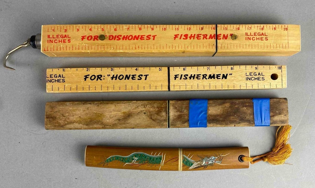 Group of 4 Novelty Floating Fishing Knives and More: Includes Japanese letter opener and more. Largest measures 11” in length.