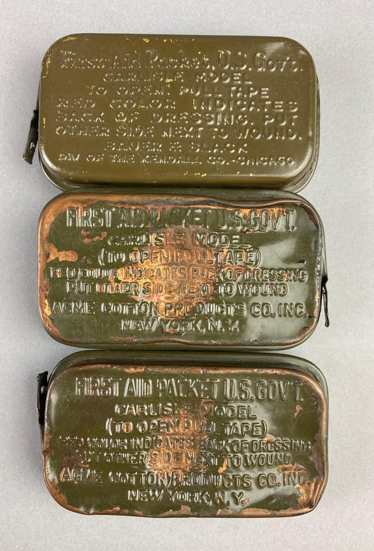Group of 3 WW2 US Military Carlisle Model First Aid Sealed Tins: 2 have significant dents and paint chips. One measures 4” in length.