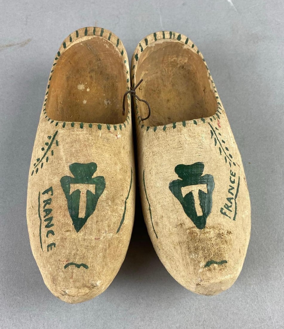 WW2 36th Division Carved Wooden Children Clogs: Measures 7” in length.