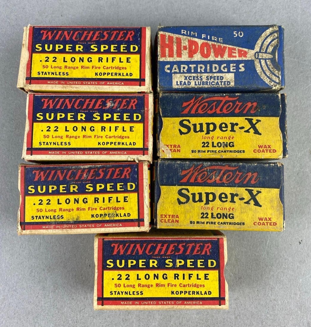 Group of 7 Vintage Winchester Super Speed .22LR Ammo Boxes and More: Aprox 300+ Rounds.