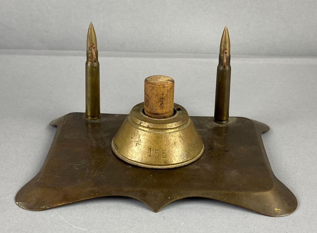 WW1 Era Ink Well and Pen Holder Trench Art: Measure H 3 1/2 x W 5 x L 7 inches.