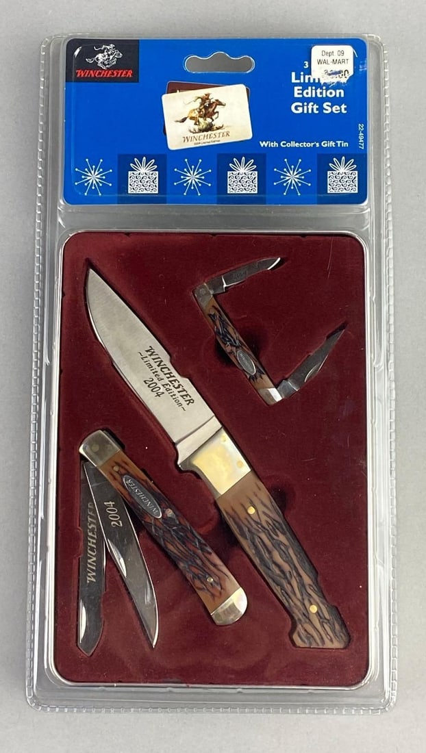 2004 Winchester 3 Knife Walmart Limited Edition Set: new in original packaging. Measures L 12 x W 7 inches.