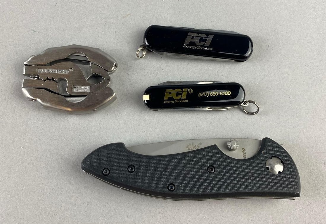 Group of Assorted Pockets Knives and More: Includes Swiss Tech Mirco Plus, Buckmaster, and more. Largest measures 8”