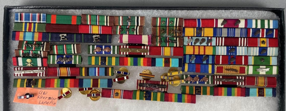 Group of U.S. Military Ribbon Bars: WW2 / Korea era, includes silver star lapel pin