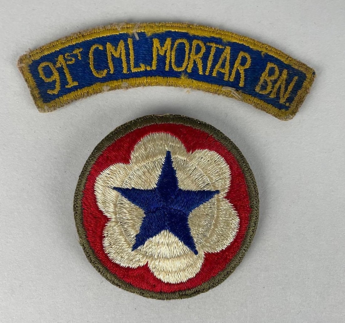 Group of 2 WW2 U.S. Army Patches: Includes 91st chemical mortar battalion, service forces screwback
