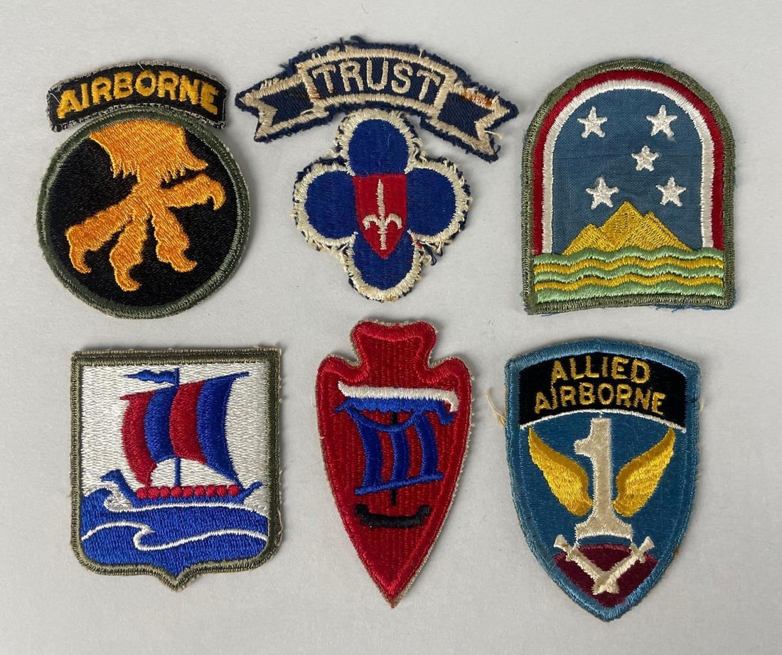 Group of WW2 U.S. Military Patches: Includes south Atlantic forces, trieste, 17th airborne golden talons