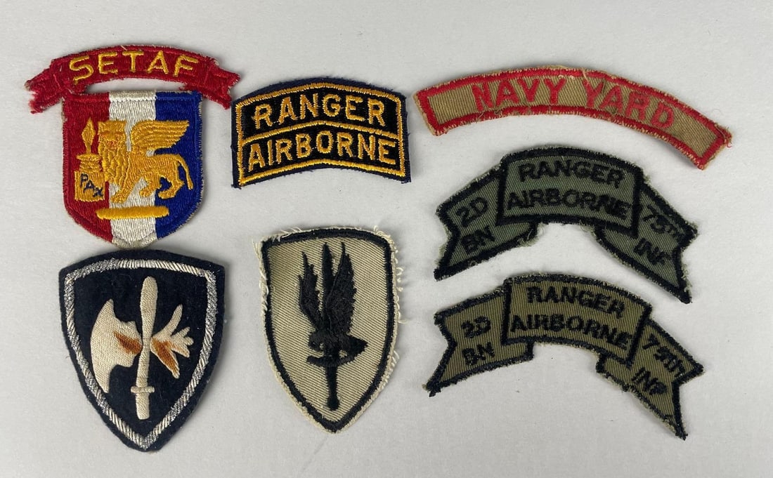 Group of WW2 U.S. Army Ranger Airborne Patches and More: Includes setaf, 18th military police, 1st aviation brigade