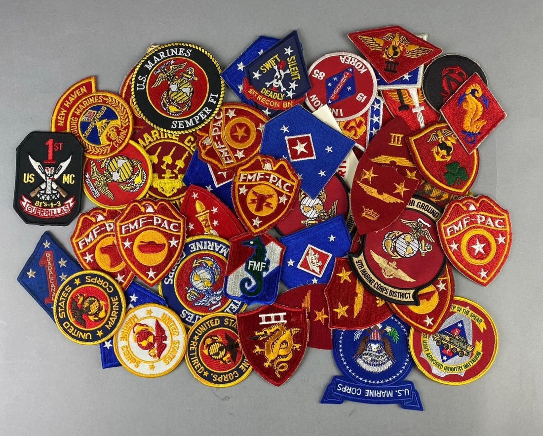 Group of Assorted US Marines Military Insignia Patches and More: Includes Fmf, Semper AFI, and more. Largest measures 4”