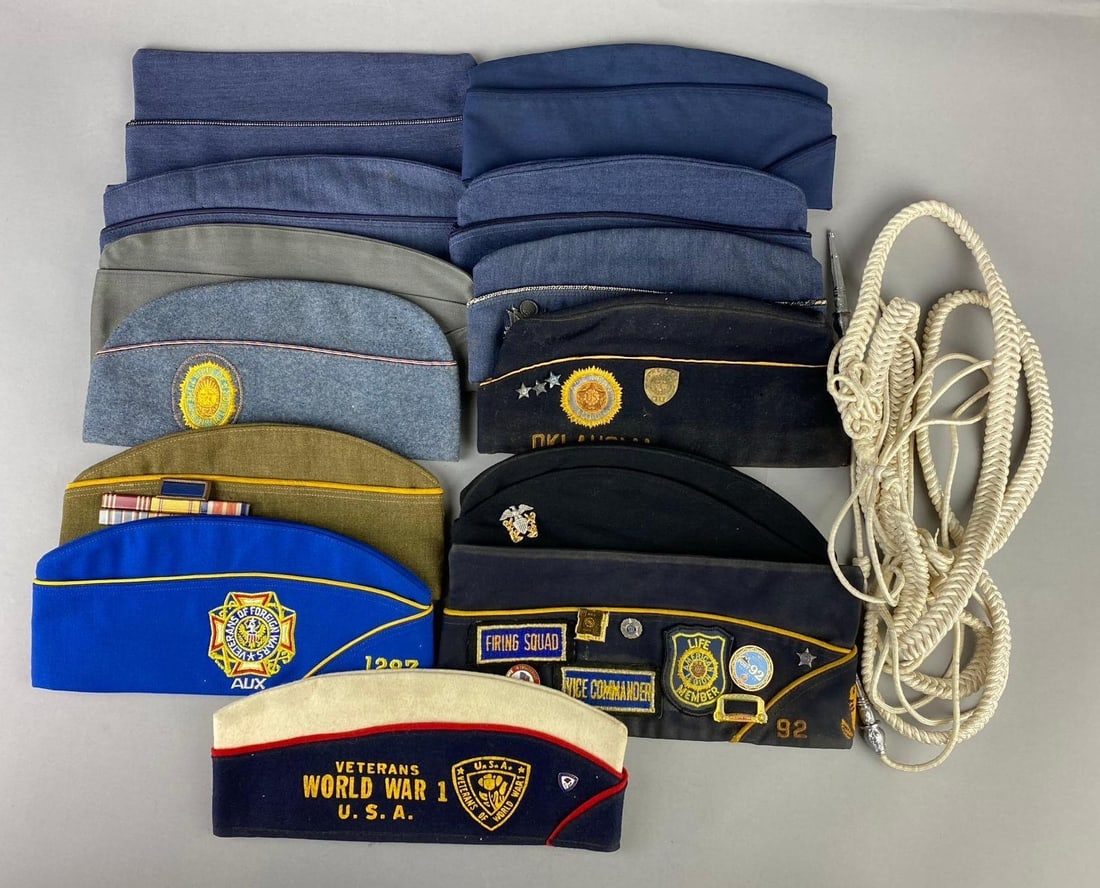Group of 12 Veterans of Foreign Wars Garrison Caps and More: Includes WW1 Veterans Cap, VFW cap, and more. Largest measures 12” in length.