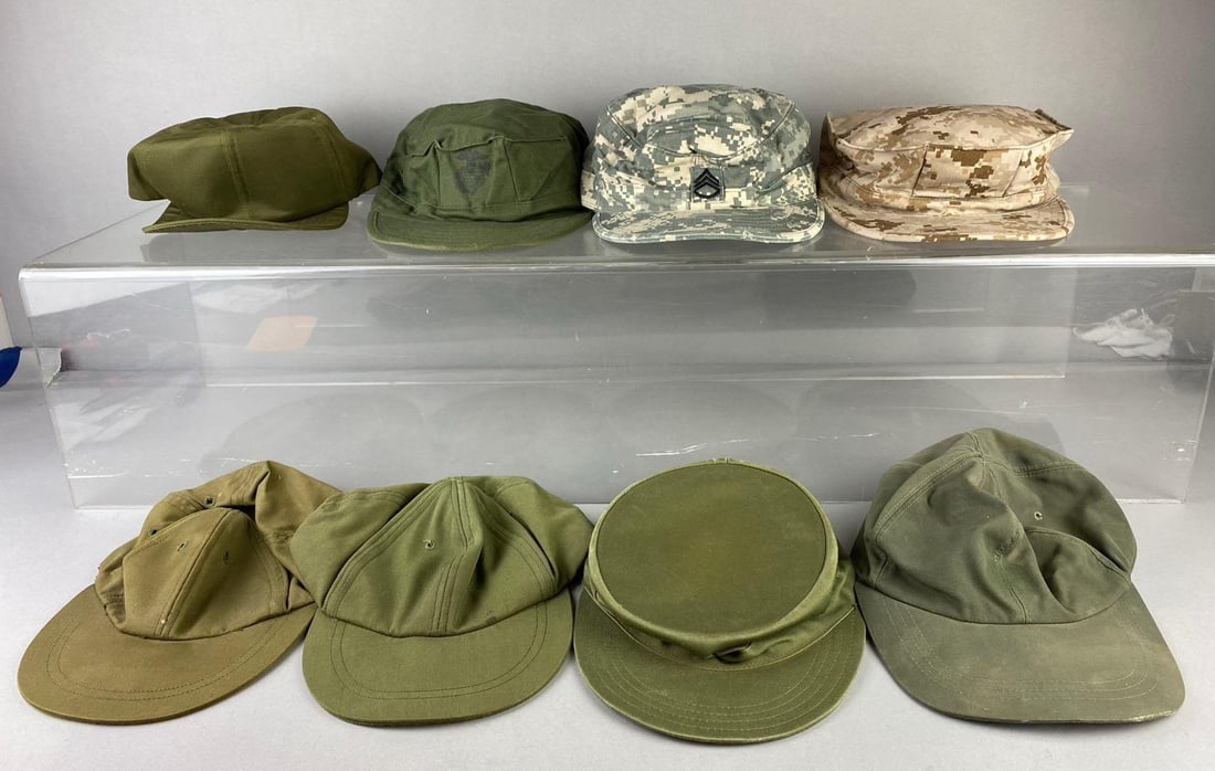 Group of Assorted US Military Field Caps and More: Includes Digital Camo Partrol Caps, Marine Caps, and more. Stand not included most measures 7 1/2”