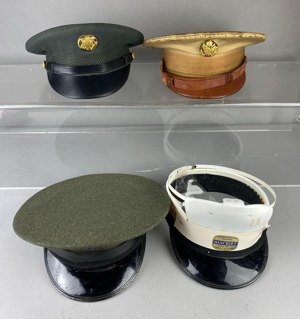 Group of Assorted US Army Enlisted Visor Caps and More: Include Cap Insert, Marine, and more. Stand not included. Most Size 7 1/2”