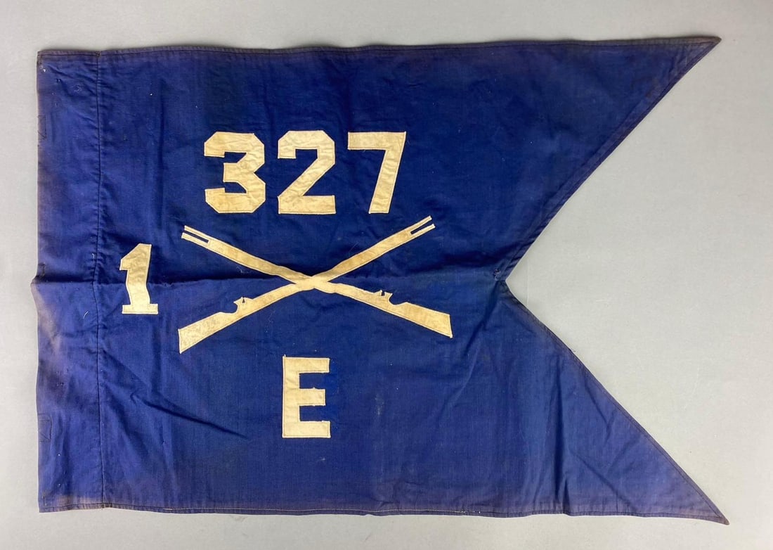 WW2 US Army 327th Company E Infantry Guideon Flag: Stains throughout. Measured L 26 x W 18 inches.