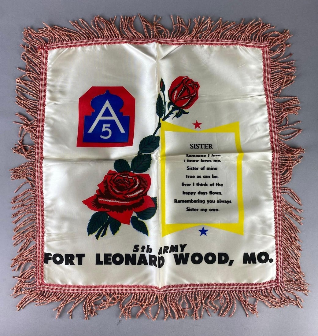 WW2 US 5th Army Fort Leonard Wood Sweetheart Pillow Cover: Measures L 18 x W 17 inches.
