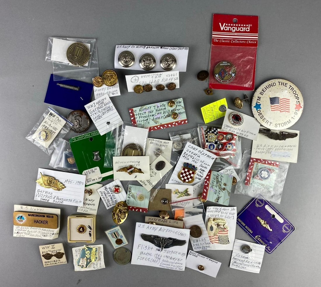 Group of Assorted WW2/ Cold War US Military Rank Badges and More: Includes Airforce Flight Surgeon Wings, German Workers Badge, and more. Largest measures 4” in length.