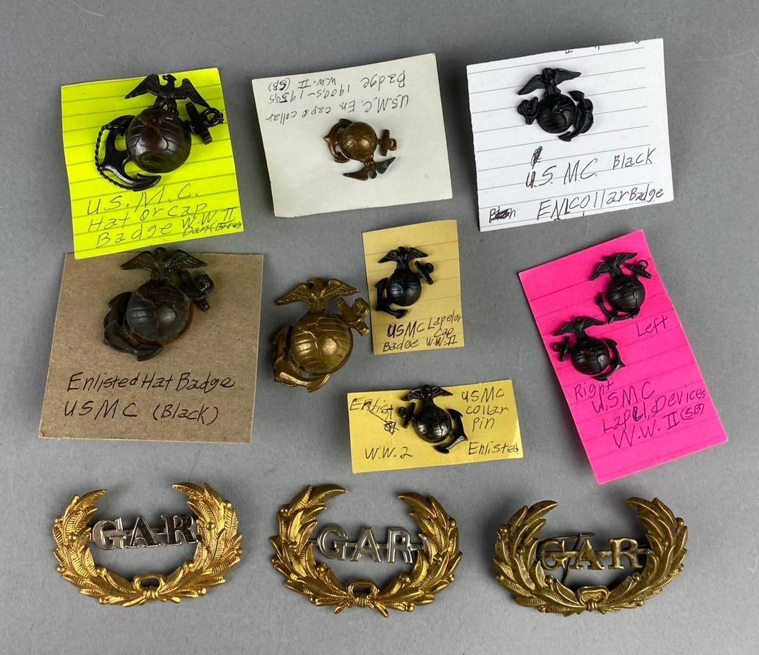 Group of Assorted WW2 USMC Enlisted Badges and More: Largest measures 3”