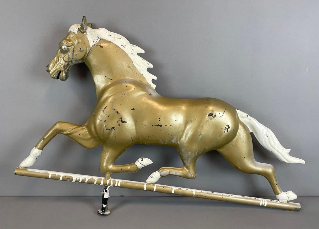 Antique Copper Trotting Horse Weathervane: One side painted, measures 20 1/2" x 31 1/2" x 4"