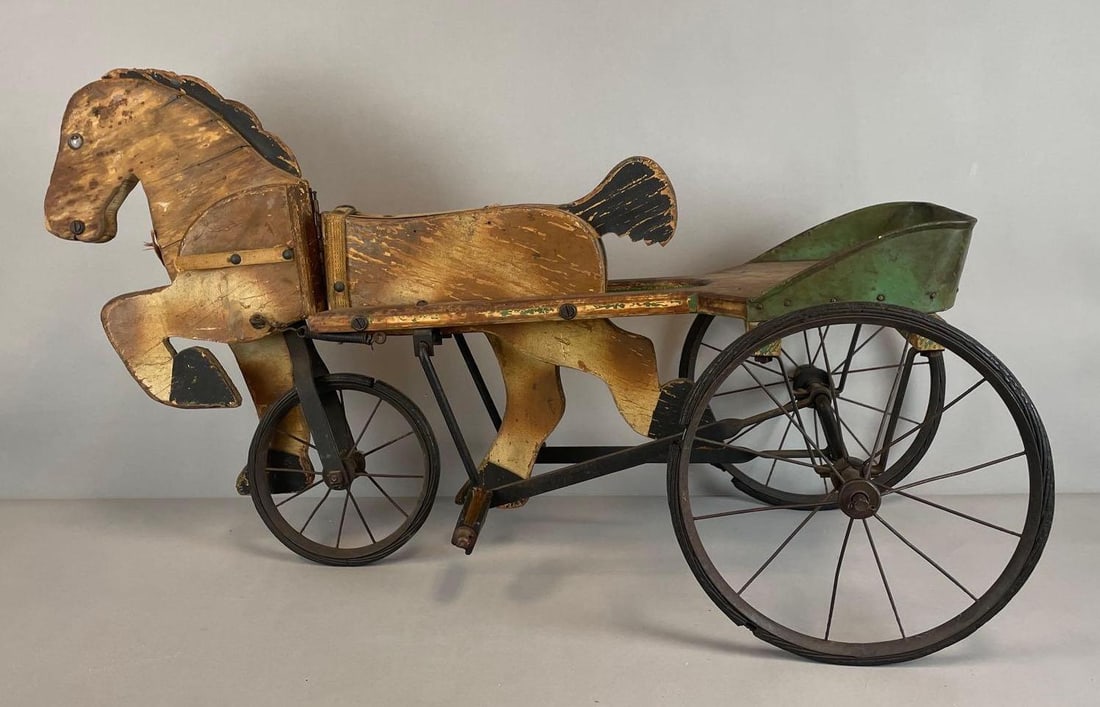 Antique Wood Hobby Horse Tricycle: 3rd party shipper recommended. Working condition, measures 20" x 38" x 19 1/2"