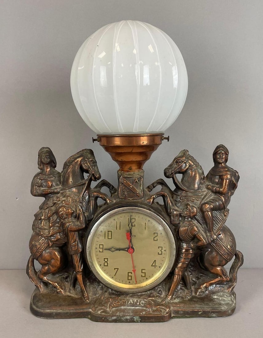 Vintage United Brass Romance Mantle Clock / Lamp: Needs rewired, measures 15" x 12" x 4 1/4"