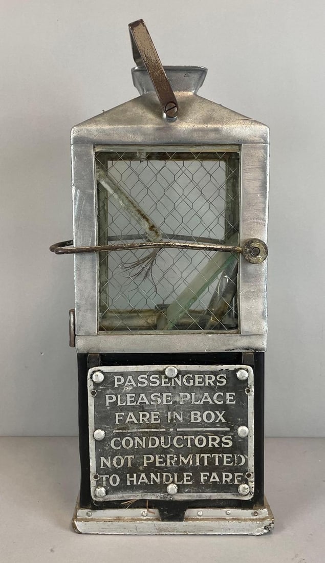 Vintage Bus / Streetcar Metal Fare Box: Working mechanism, does not include key, measures 19 1/4" x 9 1/2" x 5 1/2"