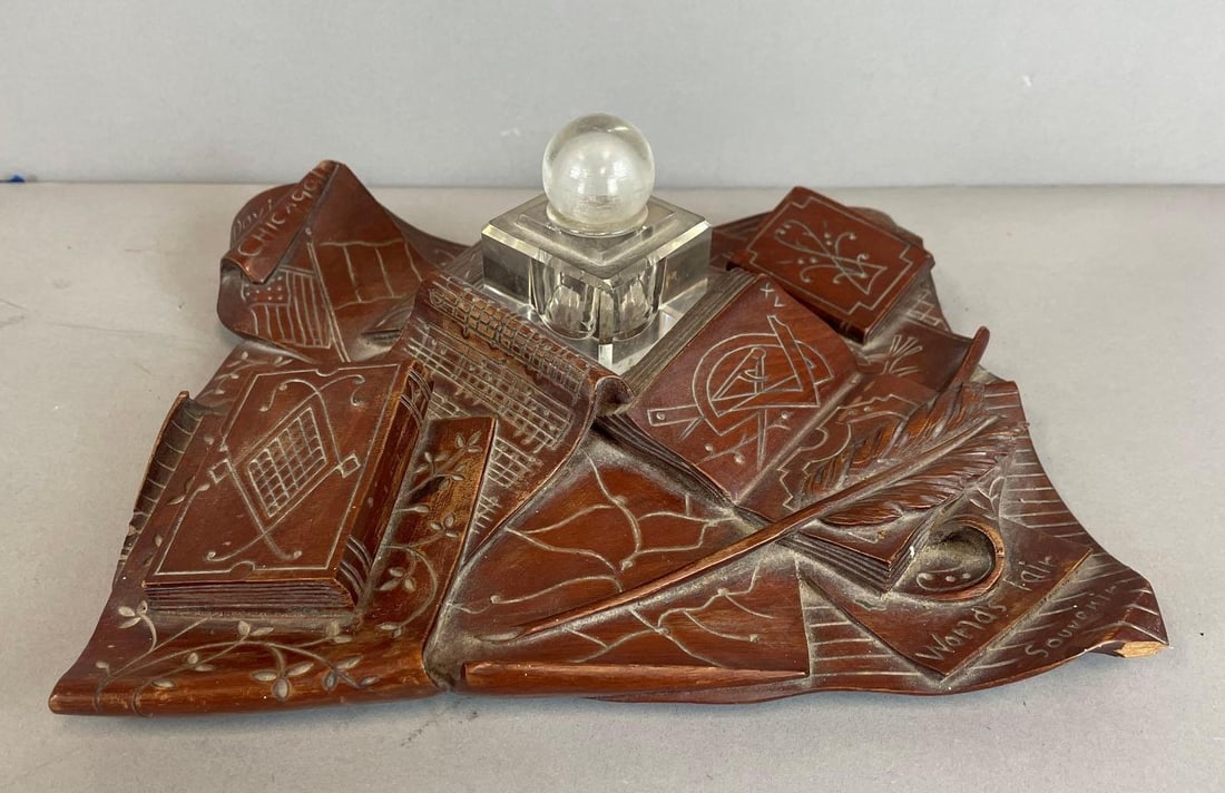 1893 Chicago Worlds Fair Souvenir Inkwell: Wood base, glass well, E. David, measures 3 3/4" x 10" x 8 1/4"