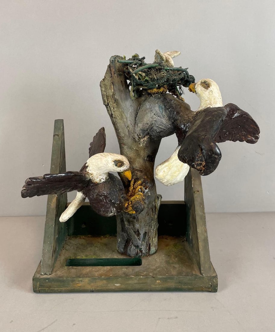 Vintage Eagles Nest Sculpture: Mostly wood, eaglet has broken tail feathers, measures 14 1/2" x 14 1/2" x 10"