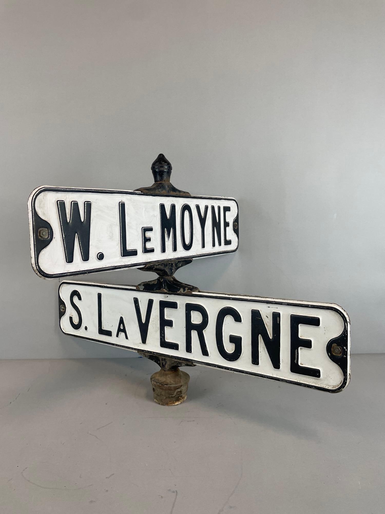 Vintage Embossed Metal Intersection Street Sign: W. Lemoyne, S. lavergne, measures 21" x 30" x 24"