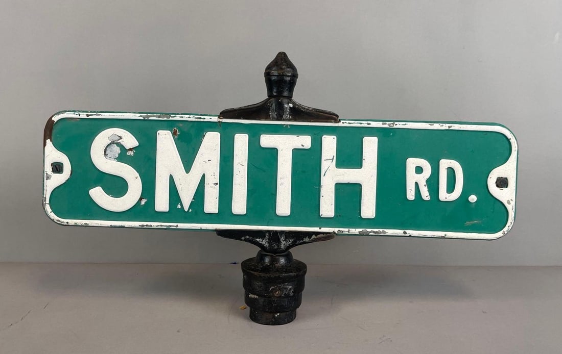 Vintage Smith Rd. Embossed Metal Street Sign: Lyle signs post, measures