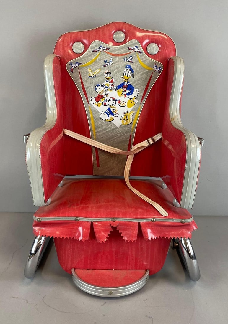 Vintage Walt Disney Donald Duck and Nephews Padded Booster Seat: Vinyl and chrome, measures 27 1/2" x 19" x 17"
