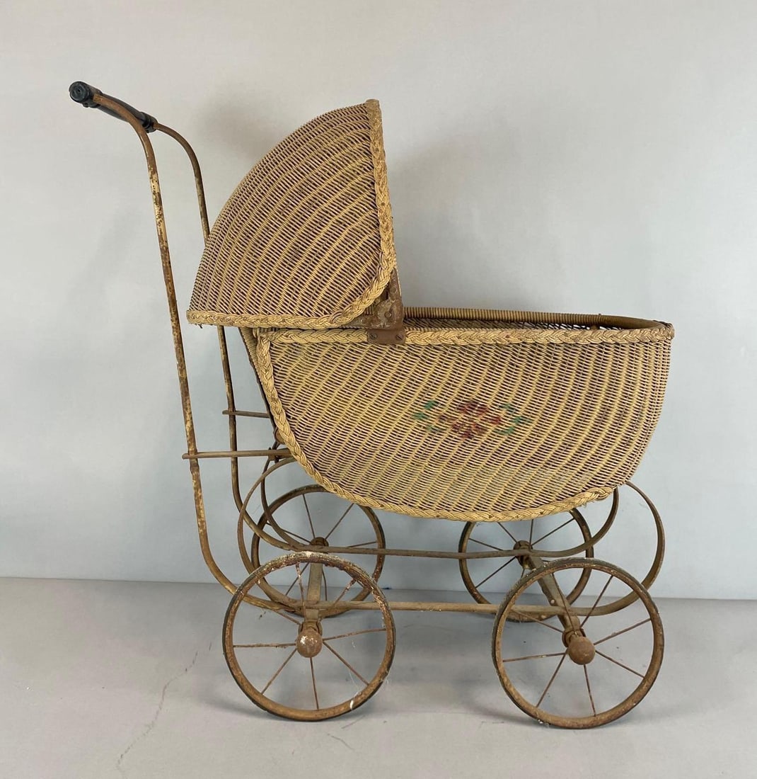 Victorian Wicker Baby Doll Stroller: Painted floral motif, measures 29" x 15" x 26"
