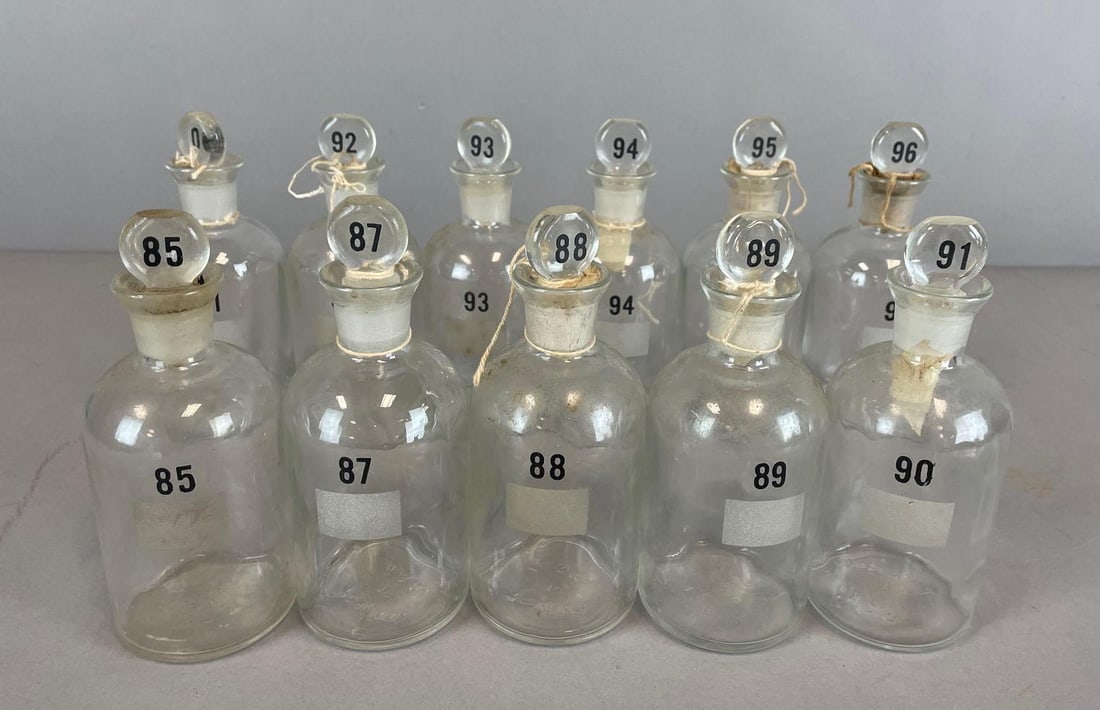 Group of Vintage T.C.W. Numbered Glass Apothecary Jars: 90 stopper stuck in 91, each measure 6 3/4" x 2 3/4"