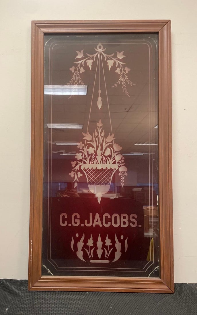 Antique Etched Ruby Red to Clear Glass C.G. Jacobs Advertising Sign (1 of 3)