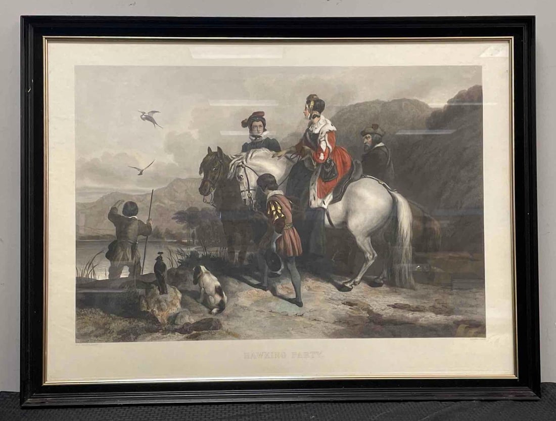 Antique Sir Edwin Landseer Hawking Party Hand-Colored Steelplate Engraving: Engraved by H.T. Ryall, museum quality conservation frame measures 31 1/4" x 42"