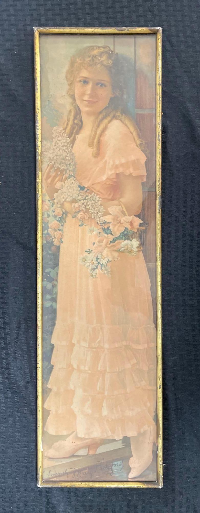 Antique Sincerely Mary Pickford Lithograph: Original frame measures 27" x 7 1/2"
