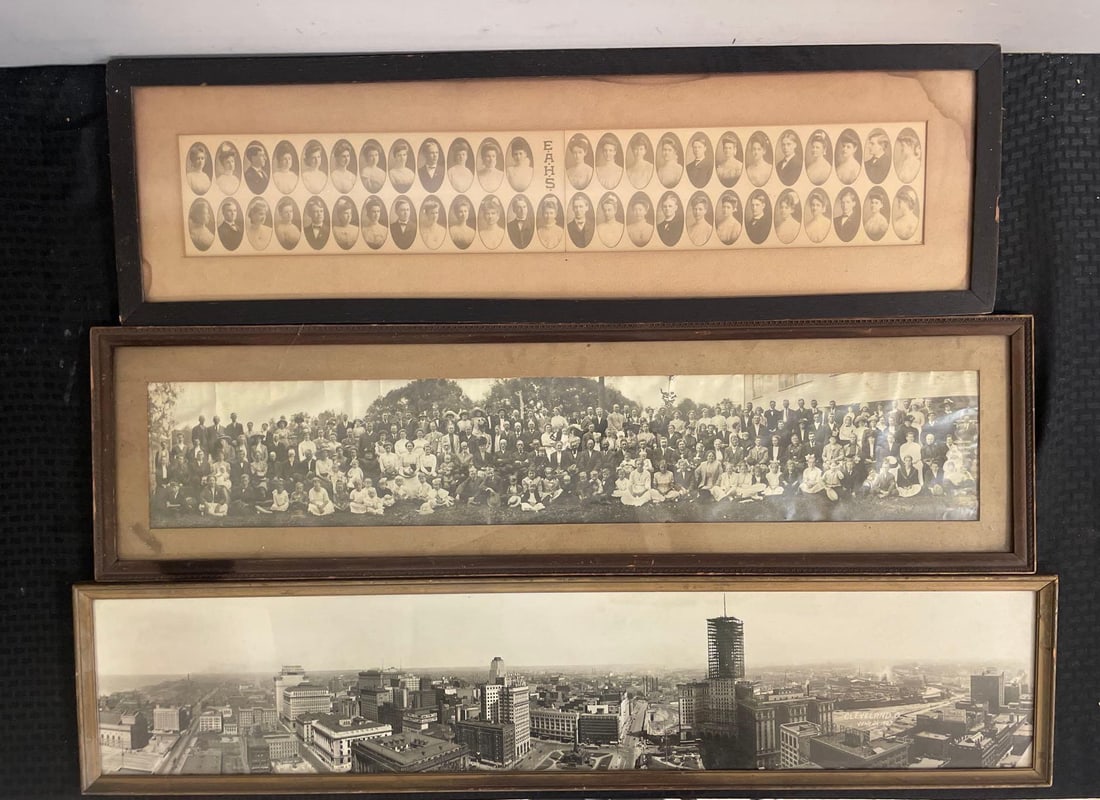 Group of Antique Yardlong Panoramic Photos: Includes 1927 Cleveland skyline, largest frame measures 8 3/4" x 39"