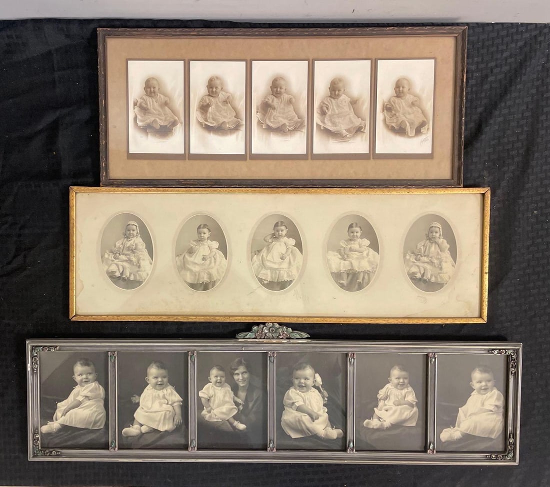 Group of Antique Baby Photos in Panoramic Frames: Largest frame measures 7 3/4" x 31", broken decoration at top