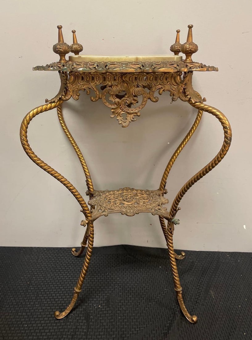Victorian Era Ornate Brass Plant Stand with Marble Top (1 of 5)