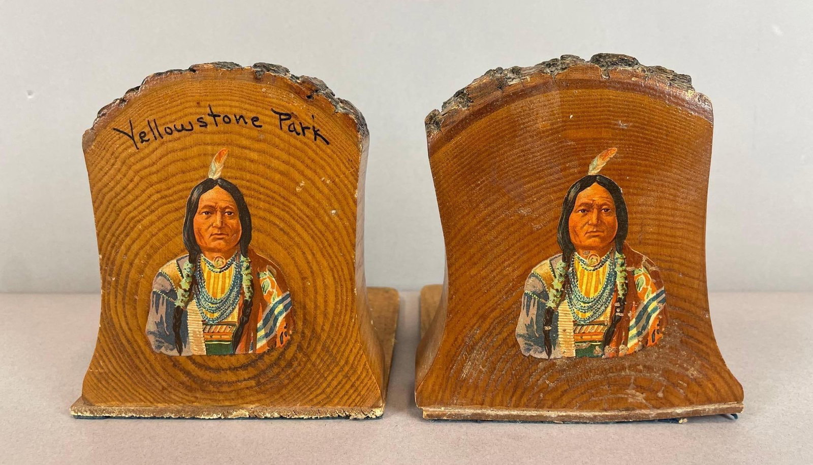 Pair of Vintage Yellowstone Park Native American Wood Souvenir Bookends (1 of 4)