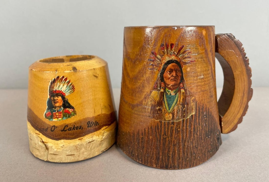 Group of 2 Vintage Wisconsin Souvenir Wood Native American Cups (1 of 4)