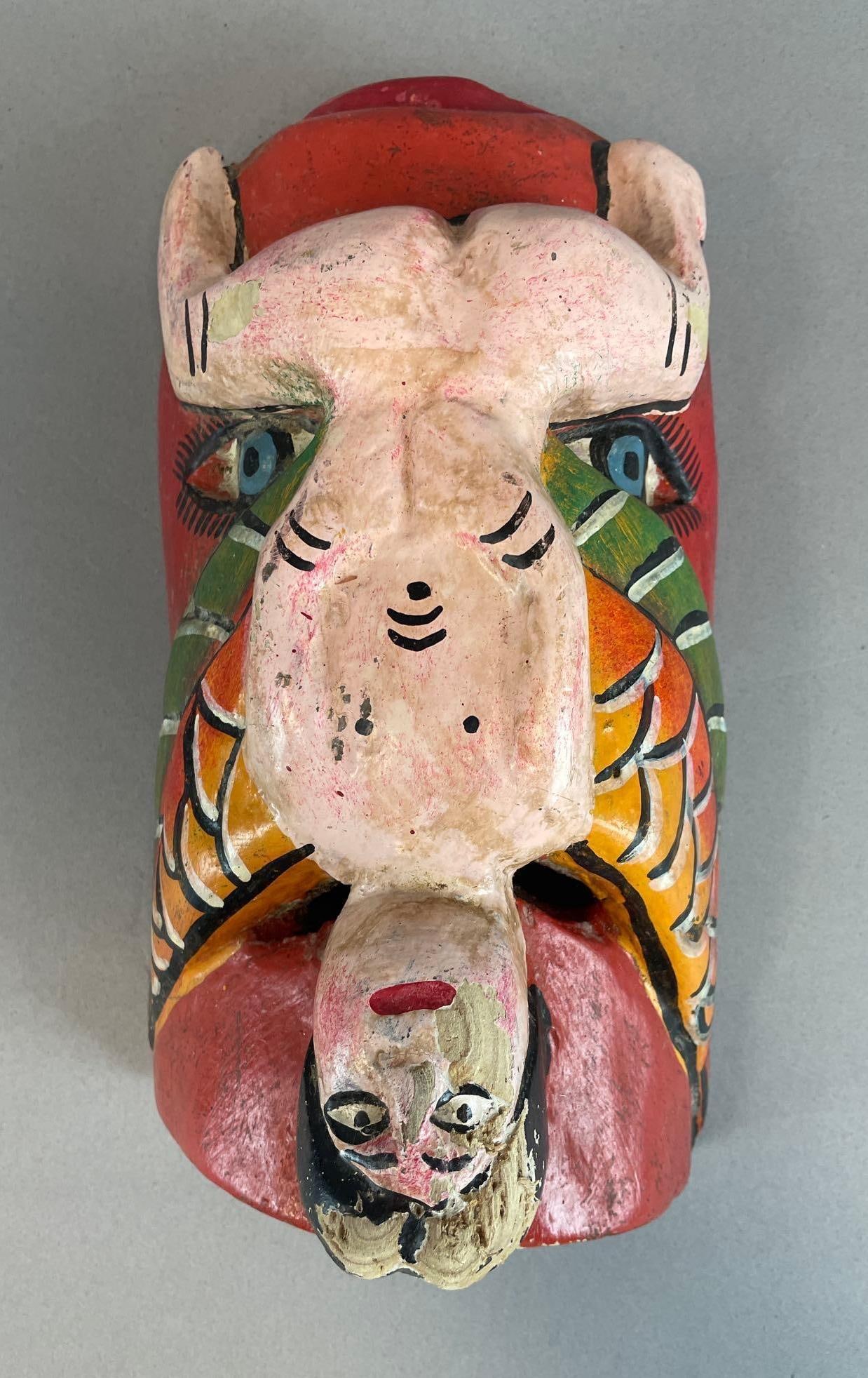 Vintage Hand Painted Wood Guerrero Mexican Dance Mask: some paint chipped, measures 10" x 5 3/4" x 3 3/4"