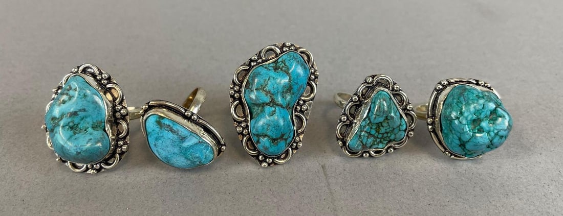 Group of Southwestern Sterling Silver Turquoise Rings: Each stamped 925 inside ring, sizes 6 3/4 - 9