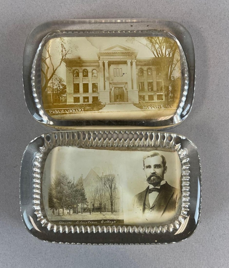 Group of 2 Antique Building Photo Glass Paperweights: Includes moline IL library, Union Christian college- likely merom Indiana, largest measures 2 3/4" x 4" x 1"