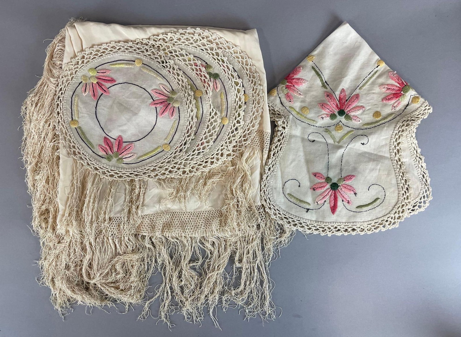 Group of Vintage Table Linens: Includes silk with fringe, embroidered floral set, silk measures 55" x 55"