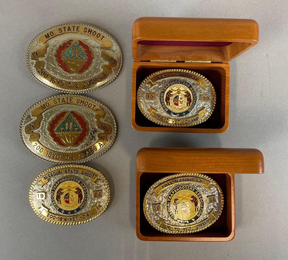 Group of 1990s Missouri Trapshooters Association Champion Belt Buckles: Largest measures 3 1/4" x 4 1/4"
