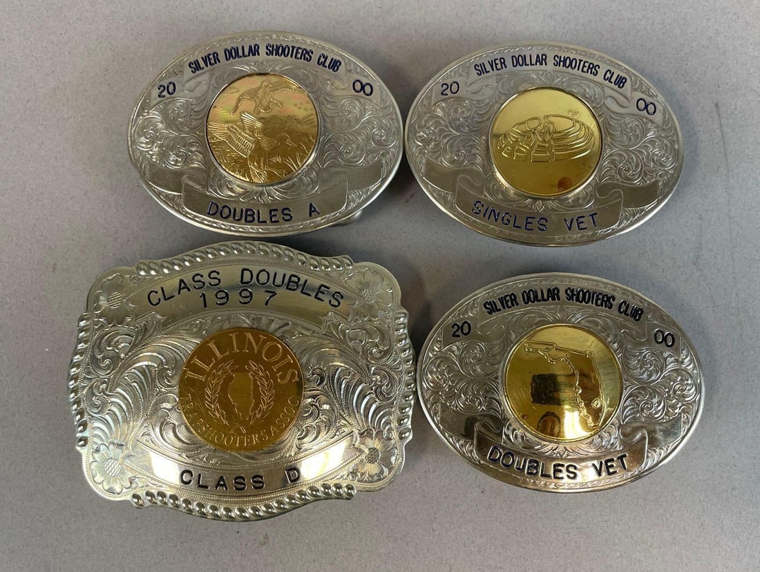 Group of Silver Dollar Shooters Club Competition Belt Buckles: Largest is German silver, measures 3" x 3 3/4"