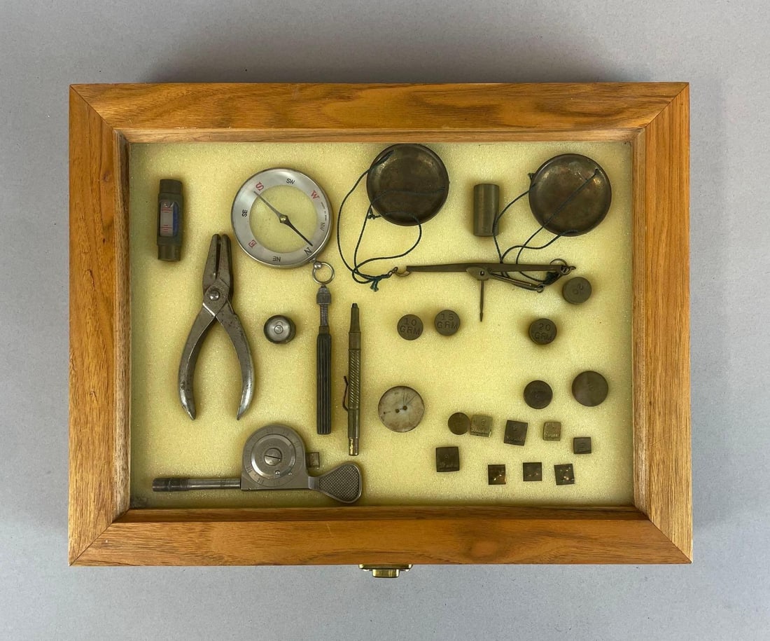 Oak and Glass Display of Vintage Precision Tools: Includes scale with weights, compass, case measures 11 1/2" x 14 1/4" x 2"