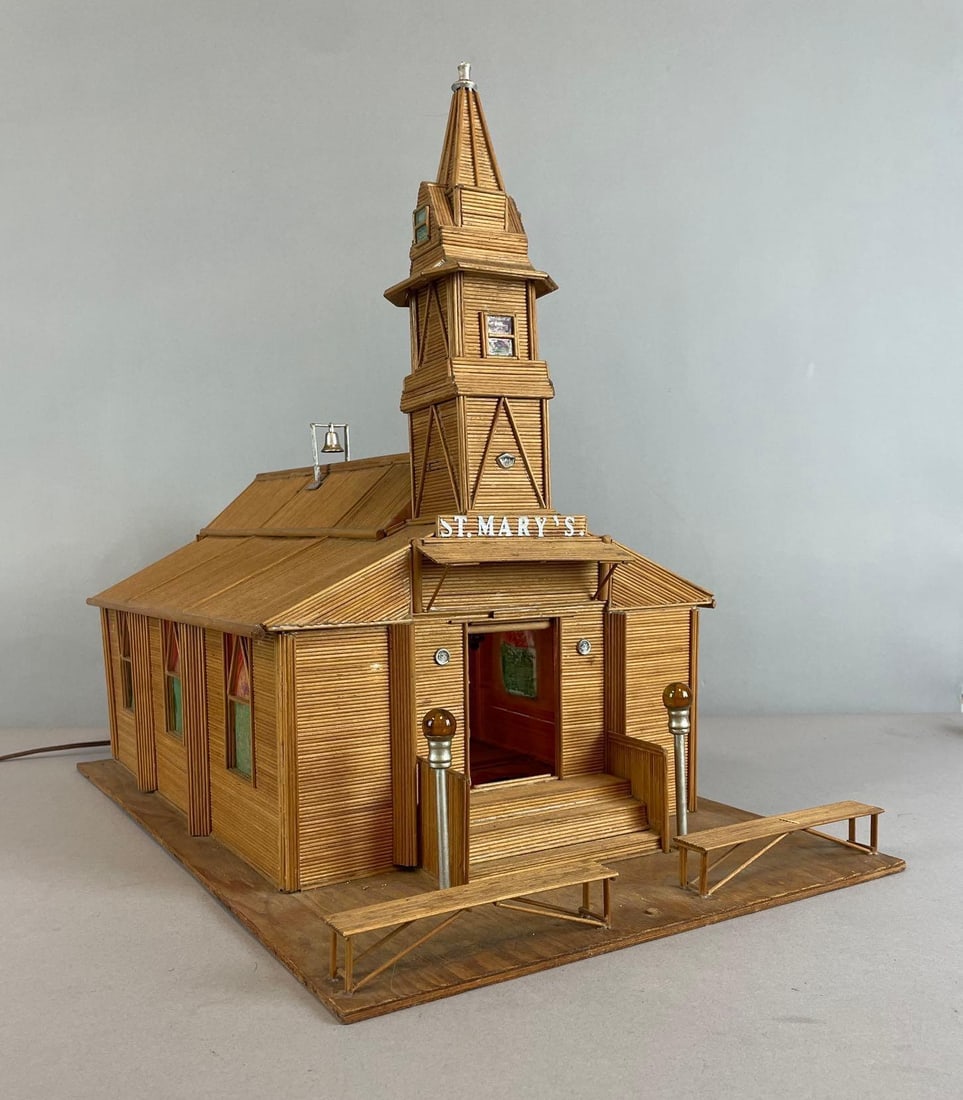 Hand Crafted Matchstick St. Mary's Church Sculpture: Working light, one window needs reapplied, measures 20" x 15" x 24"