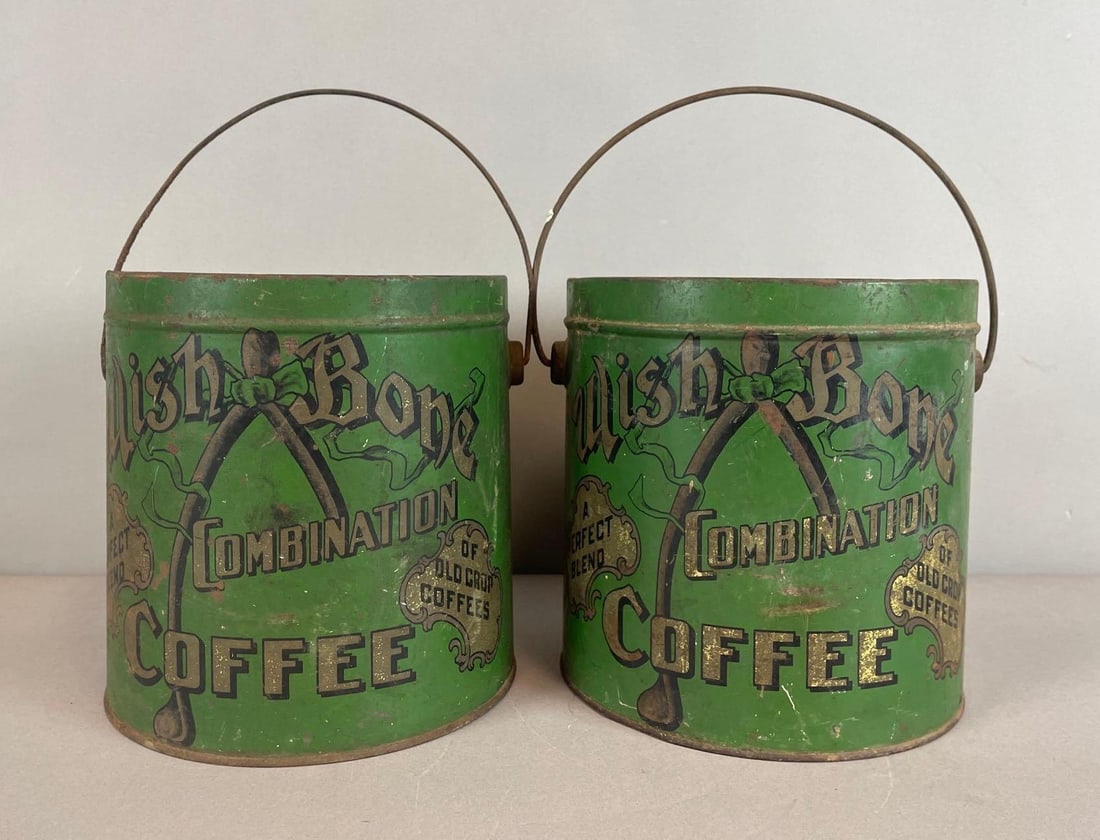 Group of 2 Vintage Wishbone Combination Coffee Advertising Cans: Bunn capitol grocery, Bloomington and Springfield IL, each measure 7 3/4" x 7 1/2"
