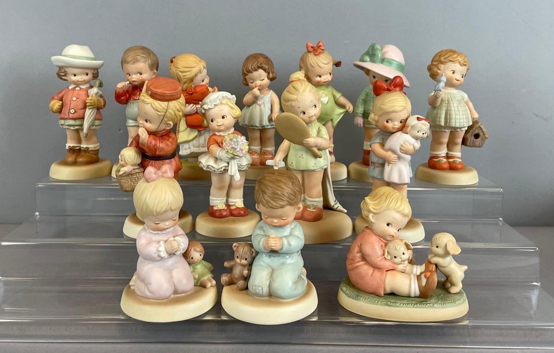 Group of 1990s Enesco Memories of Yesterday Porcelain Figurines: Includes charter member only, Lucie atwell, largest measures 5 3/4"